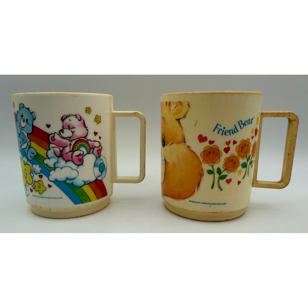 Vintage 1980s Care Bears Deka Plastic Mugs Set of 2 Friend Bear Rainbow F626